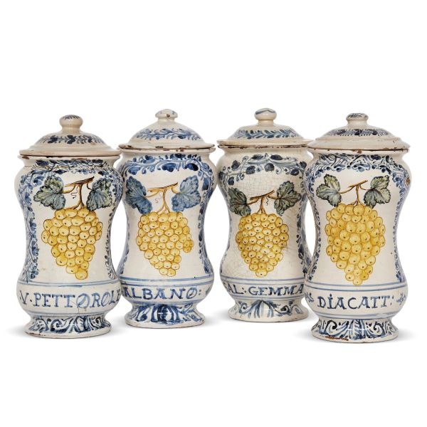 FOUR PHARMACY JARS (ALBARELLI) WITH LID, CASTELLI, 17TH CENTURY