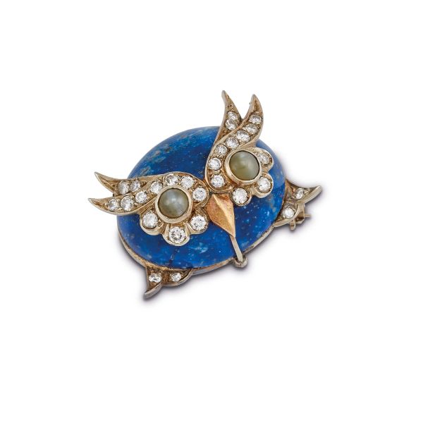 



OWL-SHAPED BROOCH WITH LAPIS LAZULI AND DIAMONDS IN 18KT TWO TONE GOLD