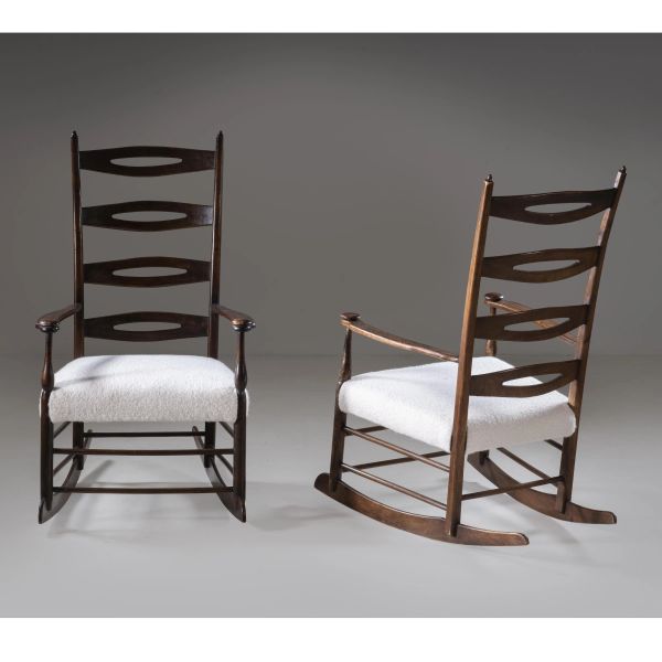 



COUPLE OF WOODEN ARMCHAIRS, WHITE FABRIC UPHOLSTERD SEAT 