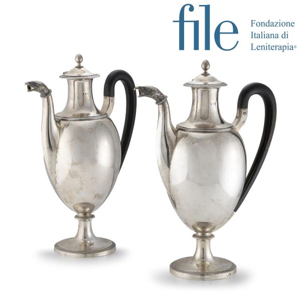 A PAIR OF SILVER COFFEE POT, MILAN, FIRST HALF OF THE 19TH CENTURY, MARKS OF GIOVAN BATTISTA SCORZINO