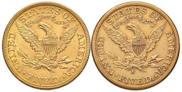 STATI UNITI. DUE MONETE DA 5 DOLLARS 1898 S E 1905