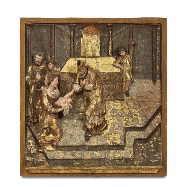 



Spanish carver, 16th century, Presentation of Jesus in the Temple, polychrome painted and gilth wood high relief 