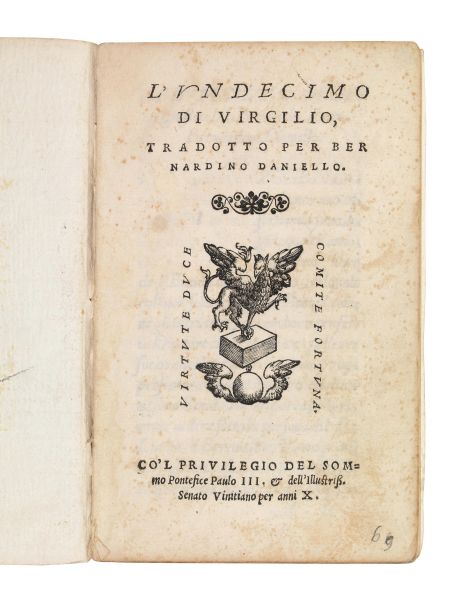Vergilius, Publius. L&rsquo;undecimo di Virgilio, tradotto per Bernardino Daniello. (In Vinegia, per Giovanni de Farri &amp; fratelli, 1545).