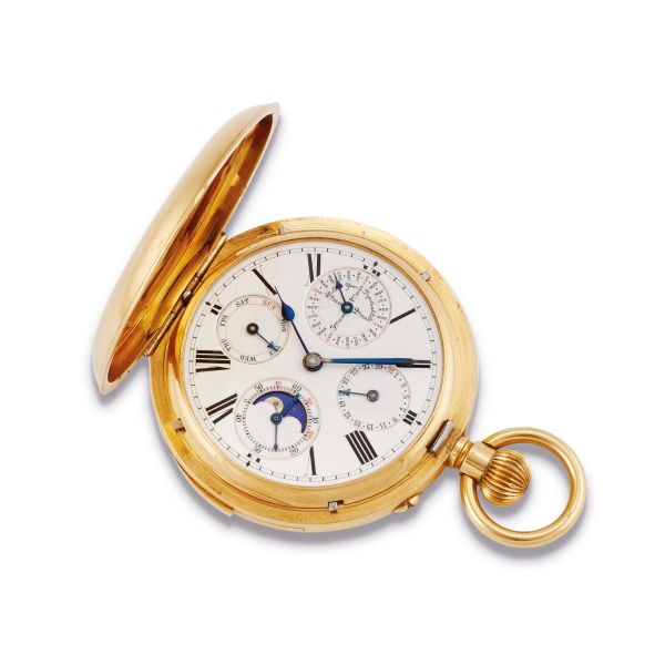 



OROLOGIO DA TASCA IN ORO RIPETIZIONE MINUTI QUANTIEME PERPETUELLE FASI LUNARI