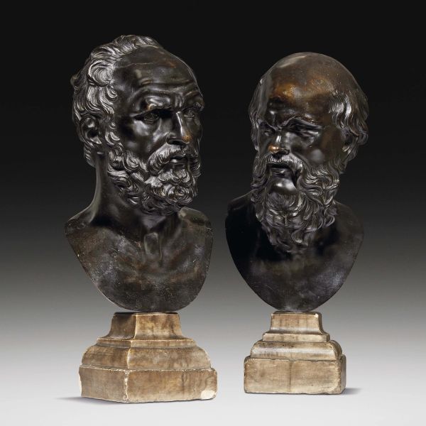 Tuscan, first half 18th century, Socrates and Demosthenes, patinated bronze on marble bases, h. 56 and 58 cm (overall)