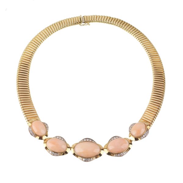 TUBOGAS ROSE CORAL AND DIAMOND NECKLACE IN 18KT YELLOW GOLD