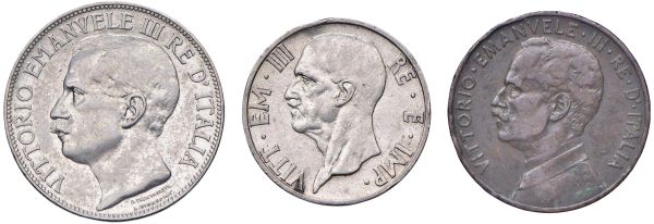 VITTORIO EMANUELE III (1900-1943) TRE MONETE (2 LIRE CINQUANTENARIO, 5 LIRE IMPERO, 5 CENTESIMI 1913)