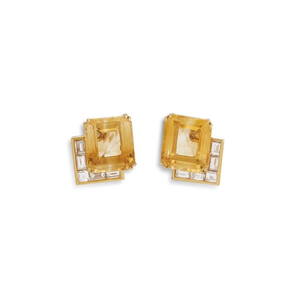CITRINE QUARTZ AND DIAMOND EARRINGS IN 18KT YELLOW GOLD
