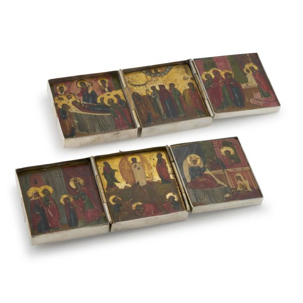 TWO SILVER TRAVEL ICONS FINENESS 72 ZOLOTNIKI, RUSSIA, END OF 19TH CENTURY