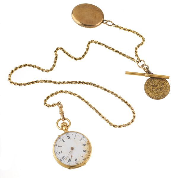 VEUVE VACHERON &amp; CO. YELLOW GOLD SMALL POCKET WATCH WITH A CHAIN, MEMORY PENDANT AND A COIN