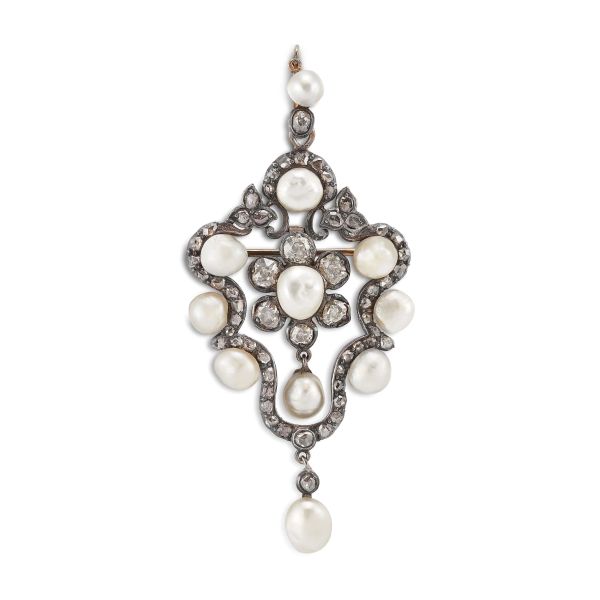 CLUSTER PEARL AND DIAMOND BROOCH/PENDANT IN GOLD AND SILVER