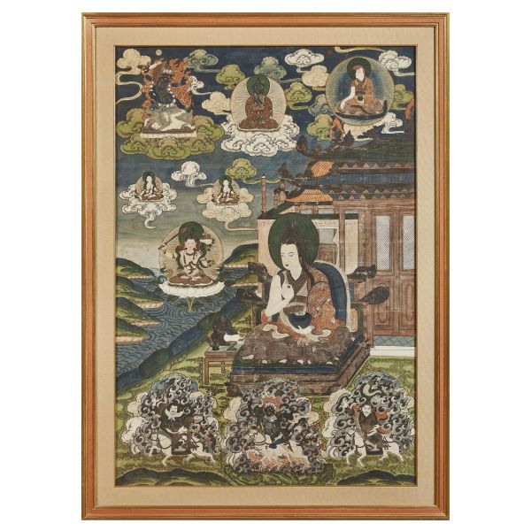 A TANGKA ON PAPER DEPICTING TSONGKHAPA WITH HIS DISCIPLES, TIBET, 19TH CENTURY