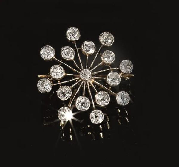 Spilla pendente, fine sec. XIX, in argento, oro rosa 14 kt e diamanti