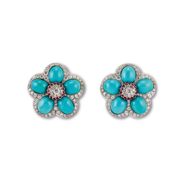 



TURQUOISE DIAMOND AND RUBY EARRINGS IN 18KT WHITE GOLD