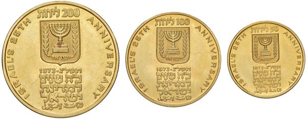 ISRAELE. TRE MONETE D&rsquo;ORO (200, 100 E 50 LIROT 1973) PER IL 25&deg; ANNIVERSARIO DELLO STATO DI ISRAELE. NELLA CUSTODIA DI PRESENTAZIONE ORIGINALE IN LEGNO D&rsquo;ULIVO