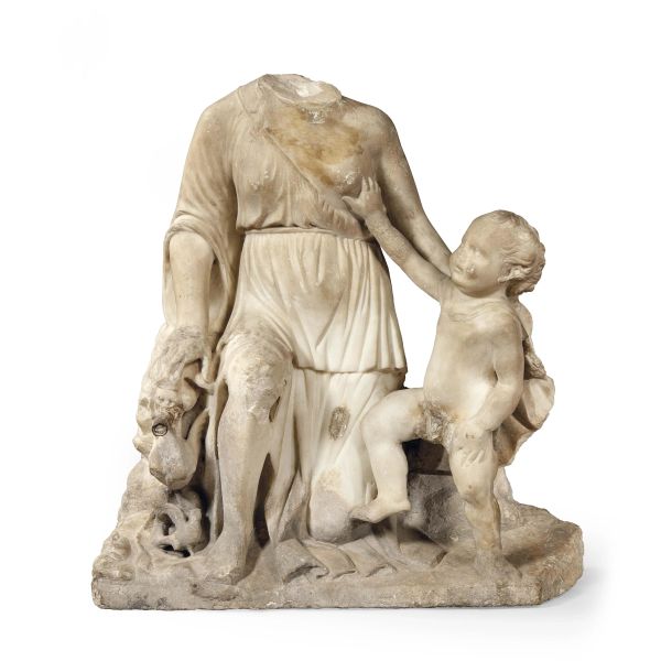 Tuscan-Roman sculptor active in the circle of the &lsquo;Maestro di Pio II&rsquo;, second half 15th century, Allegory of Charity, white marble group, 72x67x37 cm