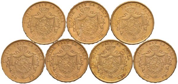 BELGIO. SETTE MONETE D&rsquo;ORO DA 20 FRANCHI