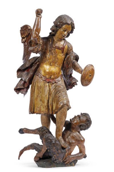 Flemish school, 17th century, Saint Michael the Archangel, painted wood, h. 80 cm