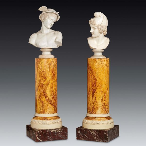 Italian school, 19th century, Mercury and Paris, white marble busts