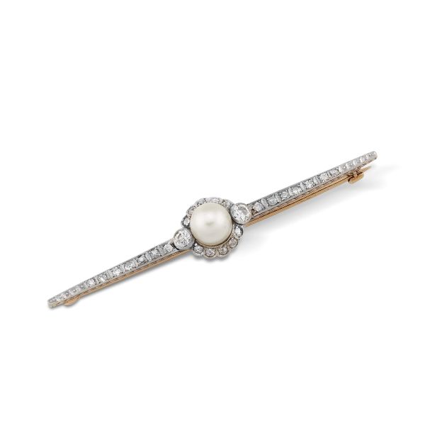 NATURAL PEARL AND DIAMOND BARRETTE BROOCH IN 14KT GOLD AND PLATINUM
