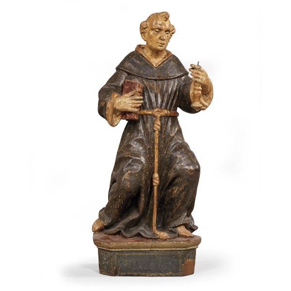 Umbrian, late 16th-early 17th century, Saint Francis of Assisi in prayer, carved and painted wood, 77x38x22 cm