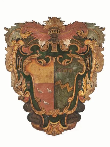 Grande stemma, sec. XVII, dipinto in policromia e oro su tela, alt. cm 180, largh. cm. 151