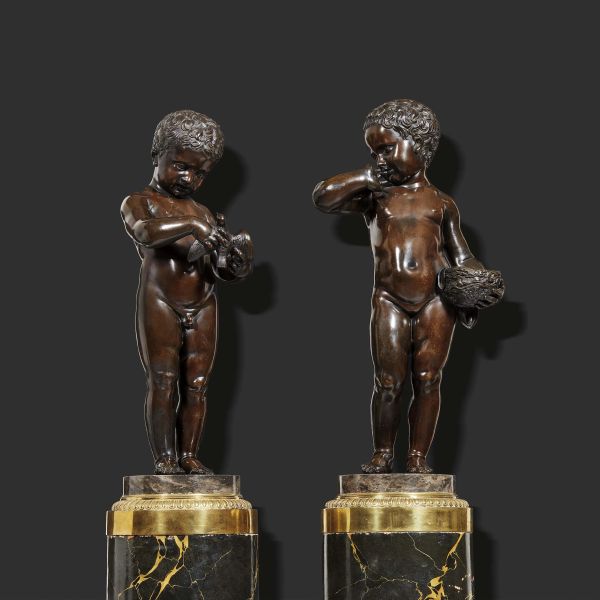 After Charles-Antoine Bridan, France, 19th century, a boy playing with a bird and a girl crying with a nest, a pair of patinated bronzes