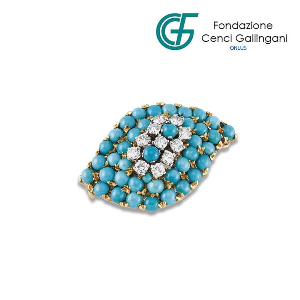



TURQUOISE AND DIAMOND BROOCH IN 18KT YELLOW GOLD
