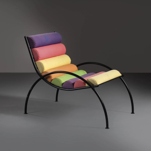 



ARMCHAIR, METAL STRUCTURE, COLOURED FABRIC UPHOLSTERY