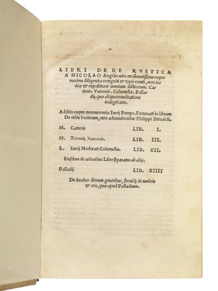      (Agronomia - Alberi)   CATONE, VARRONE, COLUMELLA, PALLADIO.   Libri de re rustica a Nicolao Angelio uiro consumatissimo nuper maxima diligentia recogniti &amp; typis excusi, cum indice &amp; expositione omnium dictionum. Catonis. Varronis. Columellae. Palladij.   [&#8230;]. (Florentiae, per heredes Philippi Iuntae, 1521. Die XXVIII. Mensis Septembris.) 