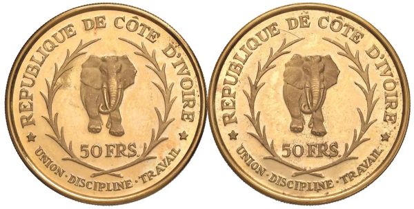 COSTA D&rsquo;AVORIO. DUE MONETE D&rsquo;ORO DA 50 FRANCHI 1966