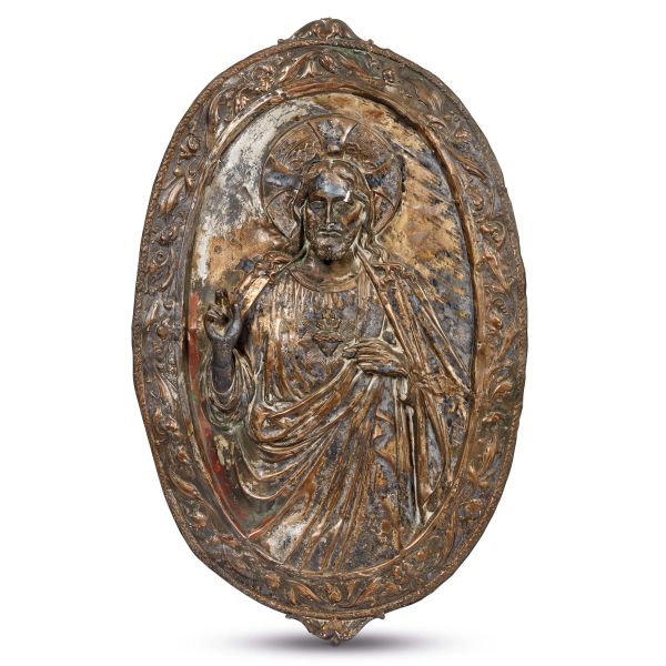 Sulmonese school, 15th century, Blessing Christ, silver foil relief with traces of polychrome