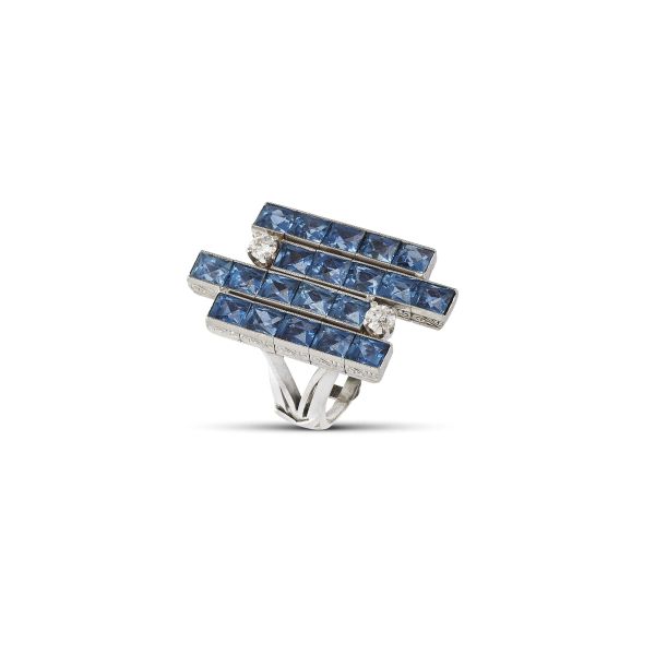 SAPPHIRE AND DIAMOND RING IN PLATINUM AND 18KT WHITE GOLD