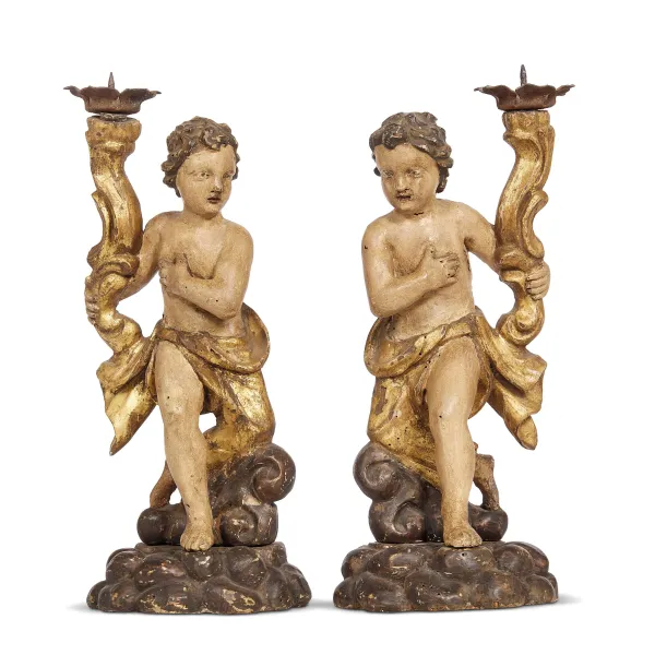 



COPPIA DI PUTTI REGGICERO, TOSCANA, SECOLO XVII