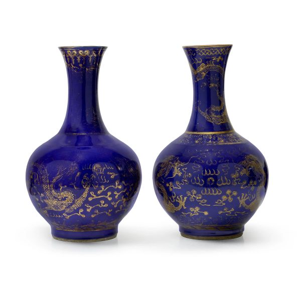 



A PAIR OF IMPERIAL KILN SACRIFICIAL BLUE-GROUND GILT-DECORATED PORCELAIN VASES, CHINA, QING DYNASTY, GUANGXU PERIOD, SEC. XIX