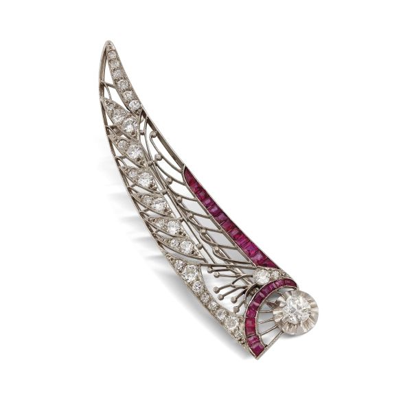 FEATHER-SHAPED RUBY AND DIAMOND BROOCH IN PLATINUM