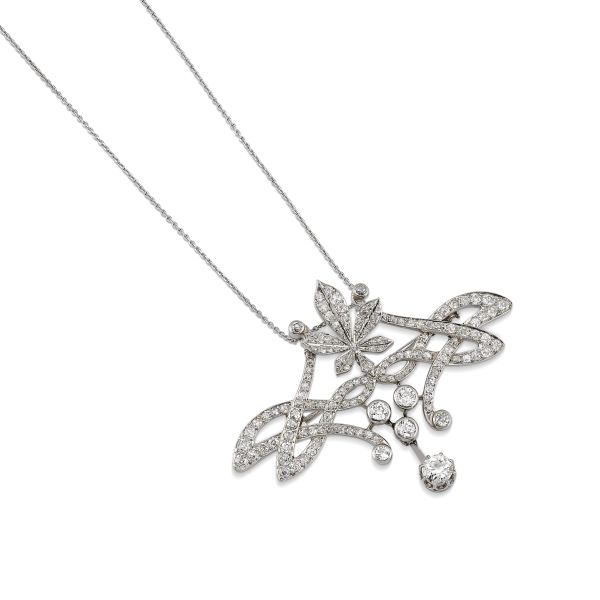 18KT WHITE GOLD NECKLACE WITH A DIAMOND BROOCH IN PLATINUM