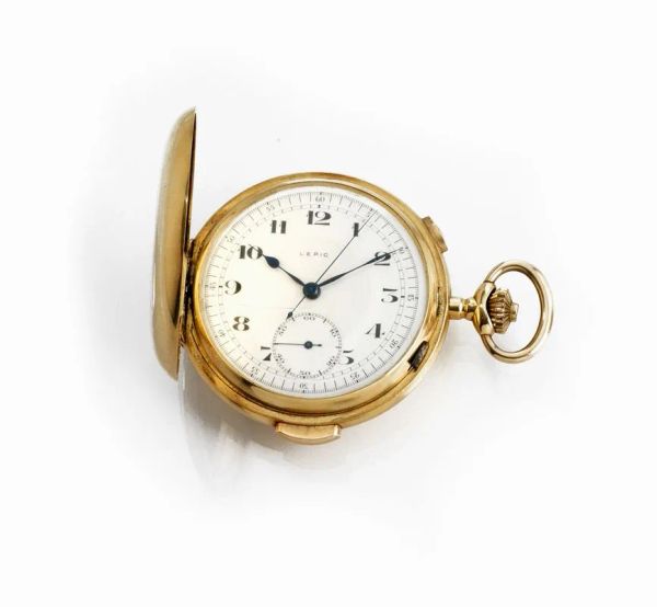  Orologio da tasca cronografo con ripetizione dei quarti, Lepic, inizi sec. XX, in oro giallo 18 kt, con catena in oro giallo 18 kt 