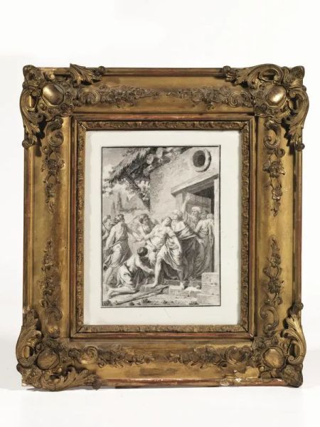  Incisione   su porcellana, sec. XIX , raffigurante soggetto religioso, entro cornice, cm 36x32