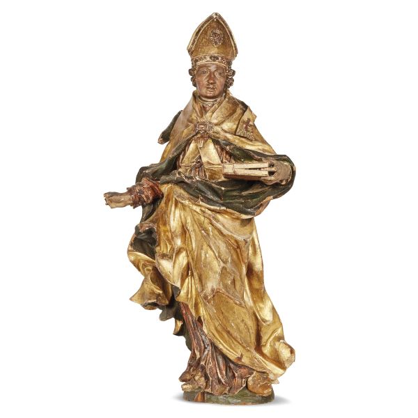 Attributed to Francesco Pianta, Holy bishop, carved gilted and polychromed wood