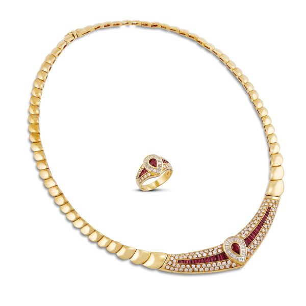 Damiani - 



DAMIANI RUBY AND DIAMOND DEMI PARURE IN 18KT YELLOW GOLD