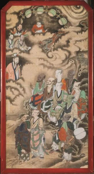  Due dipinti Cina fine dinastia Qing , su carta di riso entrambi raffiguranti scene animate con saggi, cm 146x85; cm 168x85 (2)
