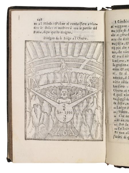 (Legatura - Illustrati 500 - Lingua italiana) GIAMBULLARI, Pier Francesco. De&rsquo;l sito, forma, &amp; misure, dello Inferno di Dante. In Firenze, per Neri Dortelata, 1544.