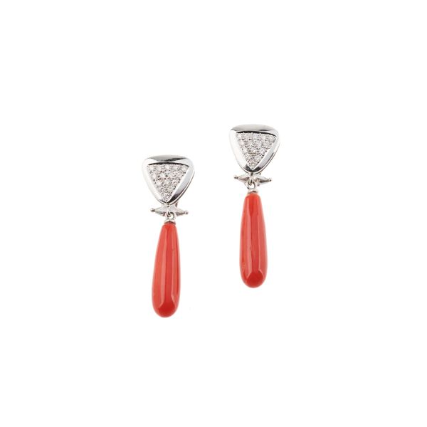 CORAL AND DIAMOND DROP EARRINGS IN 18KT WHITE GOLD