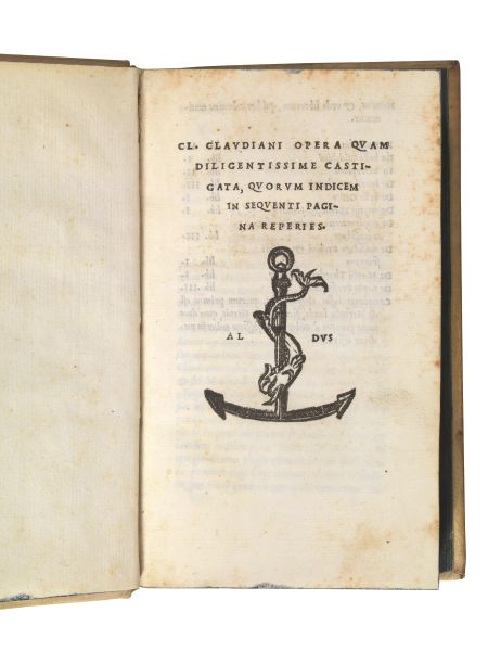 (Aldina) CLAUDIANUS, Claudius. Opera quam diligentissime castigata, quorum indicem in sequenti pagina reperies. (Venetiis, in aedibus Aldi et Andreae Asulani soceri, mense martio 1523).