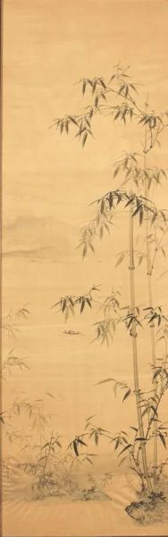 Quattro grandi pannelli, in seta dipinta entro cornici in noce con bordo perlinato, decorati con paesaggi lacustri e canne di bamb&ugrave;, cm 292x90 (4)