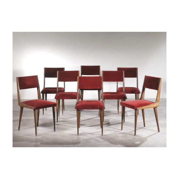 EIGHT CHAIRS, WOODEN STRUCTURE, BORDEAUX FABRIC UPHOLSTERY
