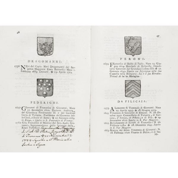 Manni, Domenico Maria. Il Senato fiorentino o sia notizia de' senatori fiorentini. Dal suo principio fino al presente. Firenze, Stecchi e Pagani, 1771.