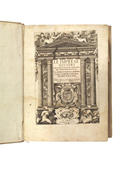      (Emblemi - Illustrati 500)   RUSCELLI, Girolamo.   Le imprese illustri con espositioni, et discorsi del s.or Ieronimo Ruscelli.   In Venetia, 1566. (In Venetia, appresso Francesco Rampazzetto, 1566). 