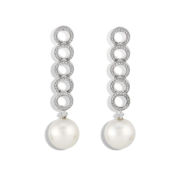 LONG SOUTH SEA PEARL AND DIAMOND DROP EARRINGS IN 18KT WHITE GOLD